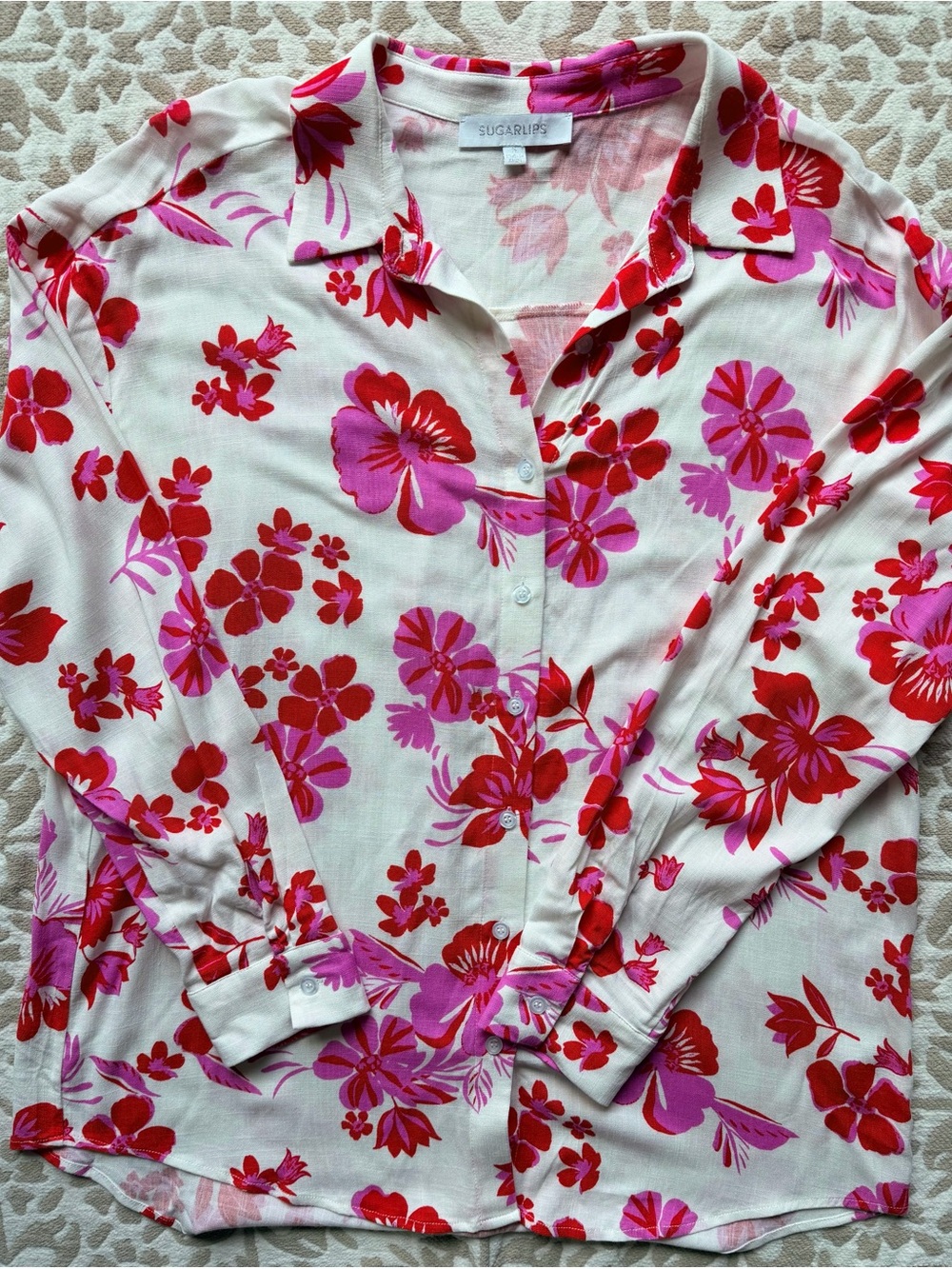 Sugar Lips Very Oversized White, Red and Bright Magenta Floral Button-Up Blouse